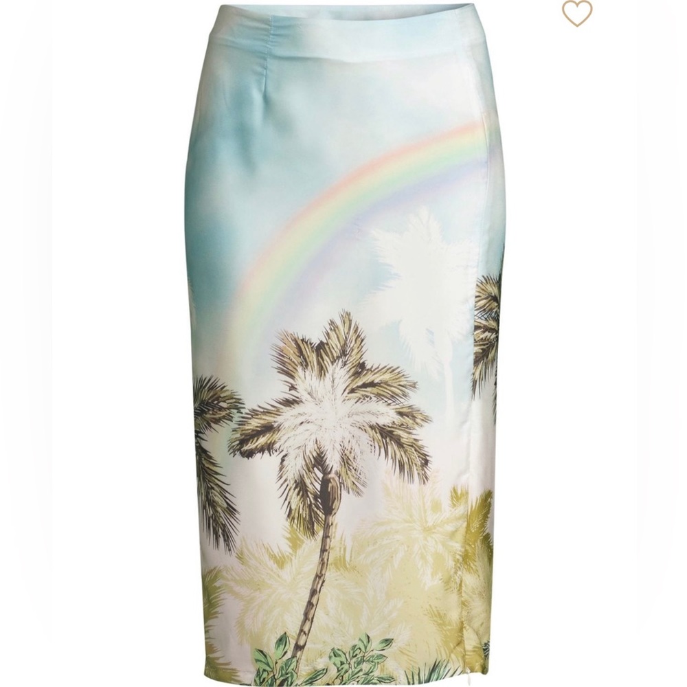 LE SUPERBE tropical Hawaiian Skirt high Split pencil silk sz 8 NWT rainbow